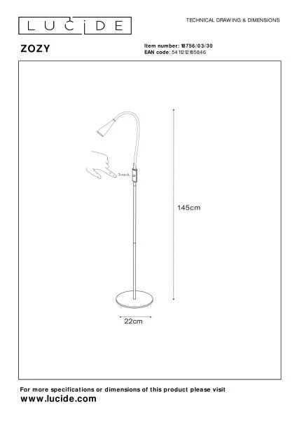 Lucide ZOZY - Floor reading lamp- LED 3 StepDim - 1x4W 3000K - Black - technical